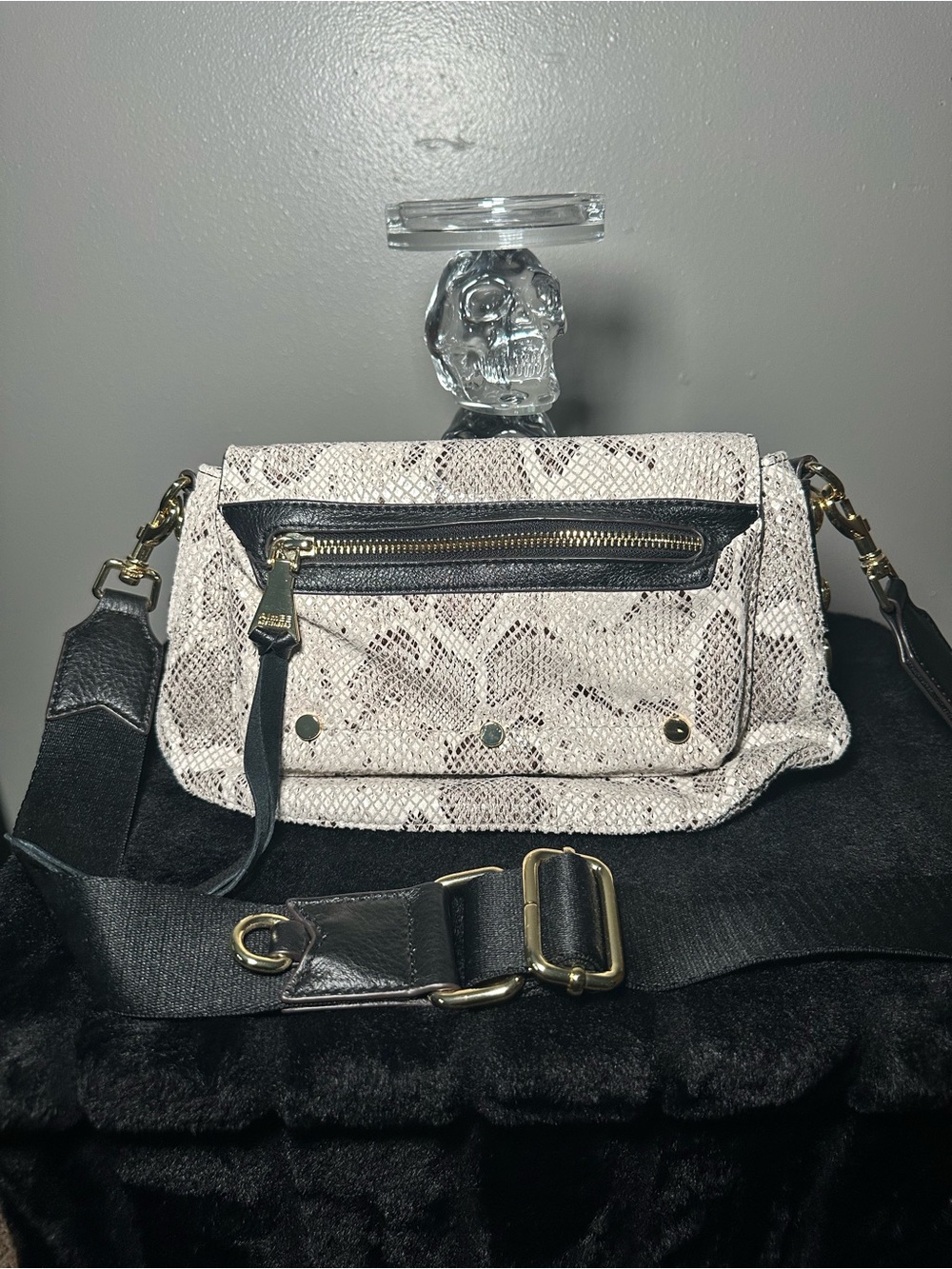 Aimee Kestenberg Snakeskin Print Crossbody Bag with Black Trim